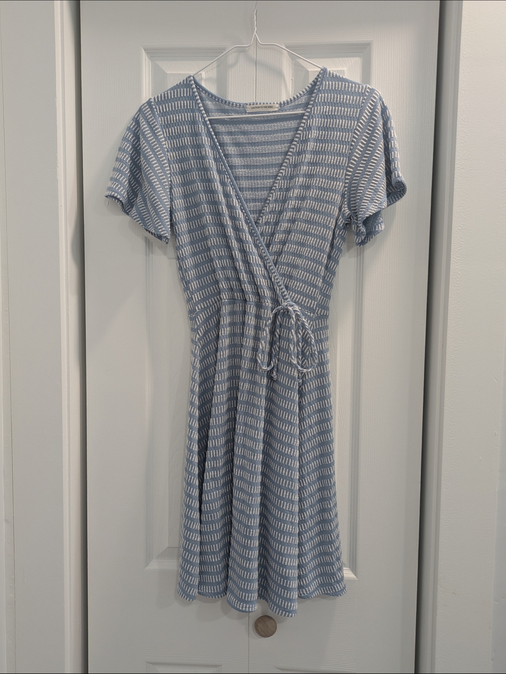Caution To The Wind Light Blue & White Patterned Wrap Mini Dress